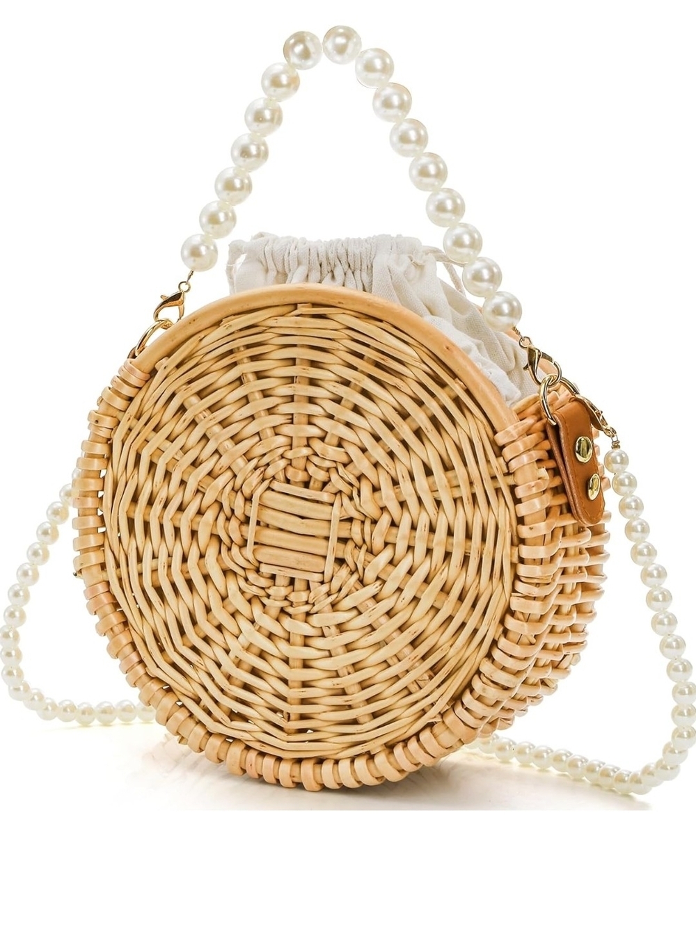 Woven Round Rattan Crossbody Bag with Pearl Handle - Natural